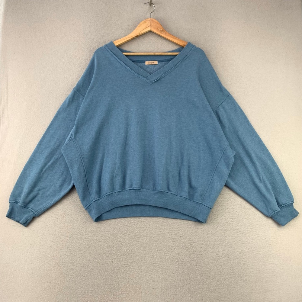 GOLDEN V-Neck Sweatshirt‎ Women OS Blue Oversized Pullover Fleece Minimal Cotton